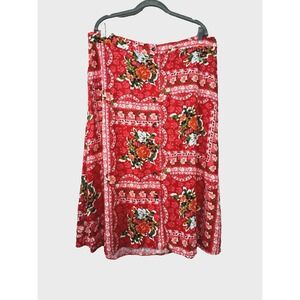 LC Womens XXLarge 2XL Midi Skirt Red Floral Button Down Euro Summer Cottagecore